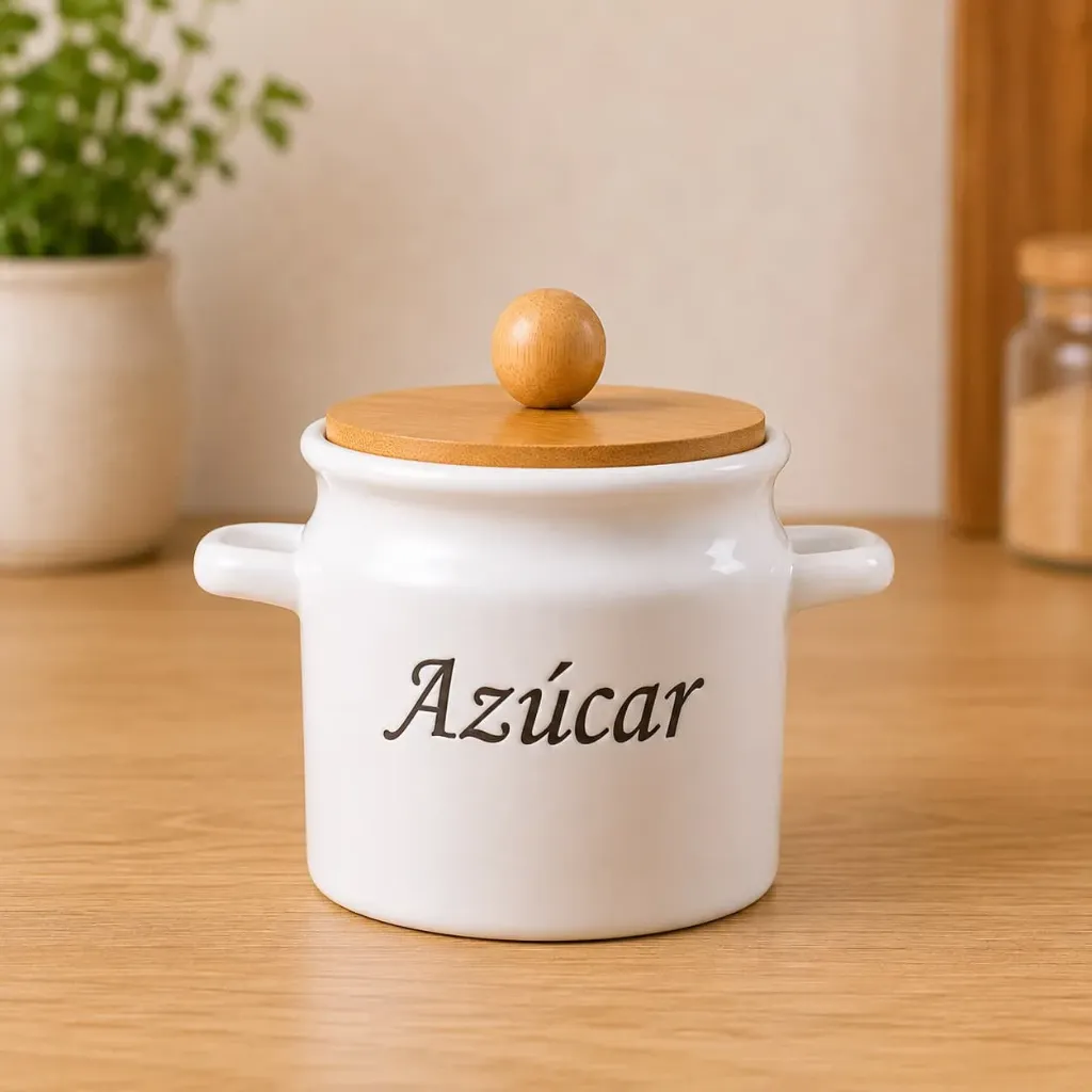 Azucarero Loza Brillante con Tapa Bambú