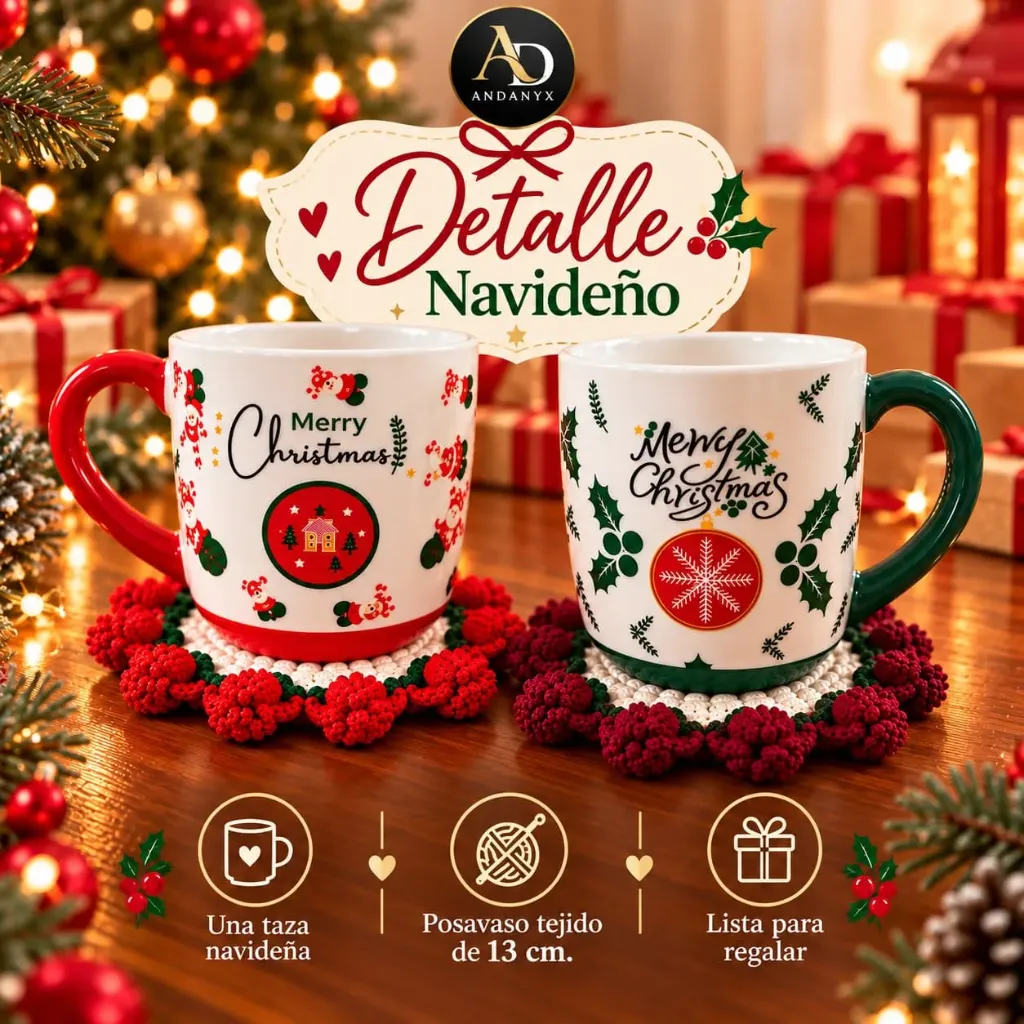 Taza Navideña y Posavaso Tejido a Mano de 13 cm